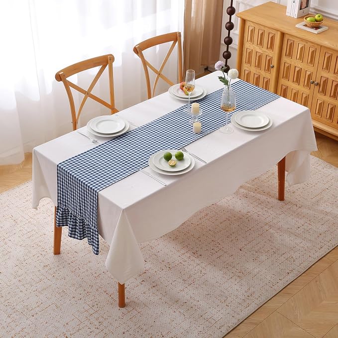 Navy Blue White Plaid Gingham Ruffle Table Runner 72 inches Long 100% Washed - Image 2