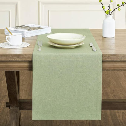 Basic Linen Style Table Runner, 14x60 Inch Sage Green | Mitered Corner Design - Image 2