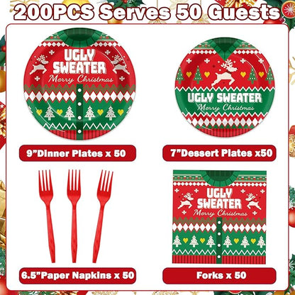 200 Pcs Christmas Ugly Sweater Party Supplies Paper Plates Napkins Xmas Tacky Sweater Tableware Party Decorations Favors for Xmas Birthday Winter Holiday Serves 50