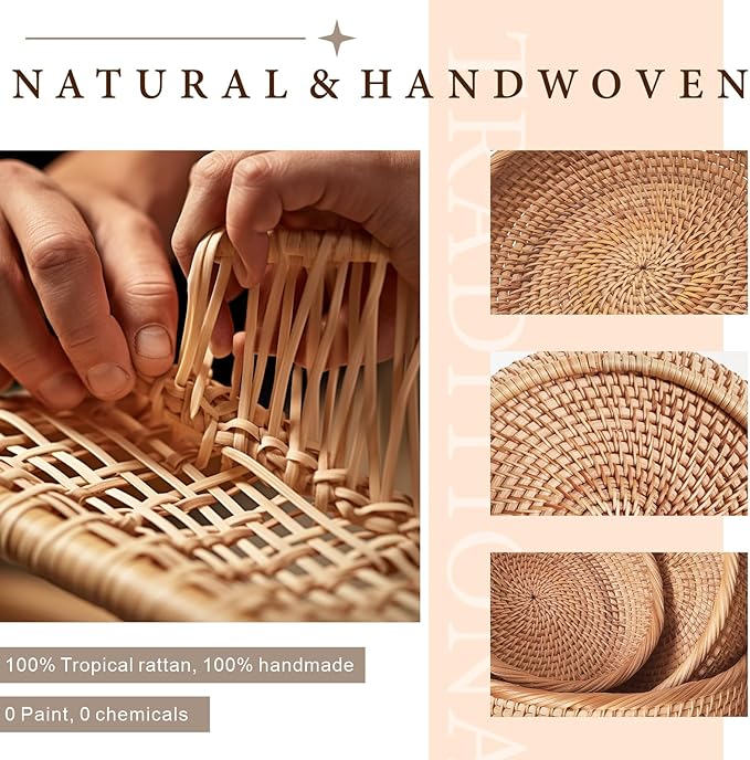Rattan Bread Baskets for Serving, Hand Woven Food Baskets, Natural Wicker Fruit Basket for Kitchen Counter, Decorative Bread Basket for Serving, Fruits, Snacks, Candies, Nuts, Keys, Etc.(Round-Combo)