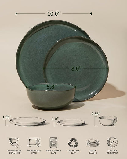 Plates and Bowls Sets for Family of 6, Ceramic Dinnerware Sets, Kitchen Dish Set, Microwave & Dishwasher Safe Dishware, Highly Durable Reactive Glazed Dinner Set, Forest Green