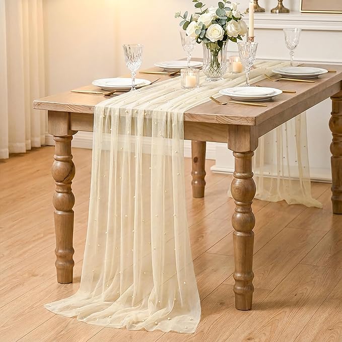 Artoid Mode Pearl Champine Gauze Table Runner 120 Inch 10FT, Seasonal Sheer Dining Holiday Wedding Birthday Baby Shower Table Decor for Home Party