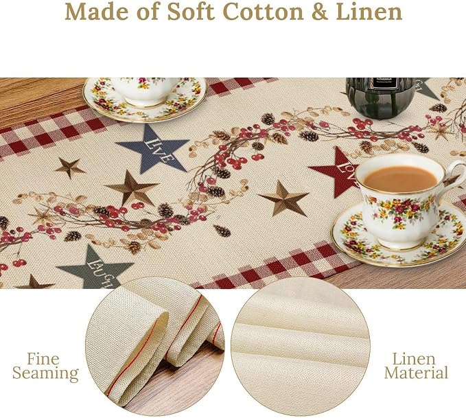 Western Texas Table Runner, Rustic Farmhouse Red Plaid Check Golden Star Barn - Image 6