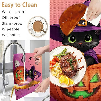 Halloween Pumpkin Placemats Set of 6,Trick or Treat Placemats Washable Kitchen Dining Linen Table Mats Stain Heat-Resistant for Home Party Indoor 12x18 inch