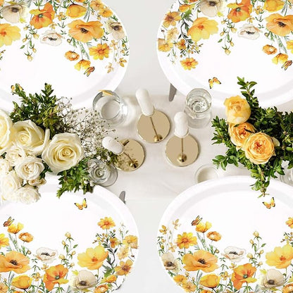 50Pcs Spring Floral Oval Paper Plates 10" x 12" Large Disposable Heavy Duty Watercolor Calliopsis Flower Platters Yellow Flowers Dessert Plates for Seasonal Lunch Dinner Birthday Party Supplies