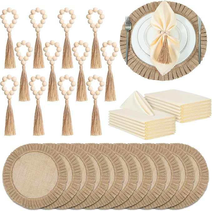 Gejoy Round Burlap Placemats Wood Bead Napkin Rings by Gejoy