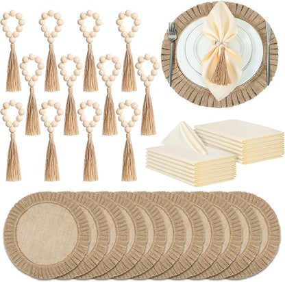 Gejoy Round Burlap Placemats Wood Bead Napkin Rings by Gejoy