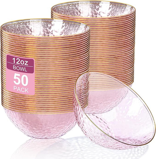 Rubtlamp 50 Pack Clear Pink Disposable Bowls, Clear Plastic Bowls with Gold Rim, 12-16oz Premium Heavy Duty Plastic Dinner Bowls for Party, Wedding and Holiday