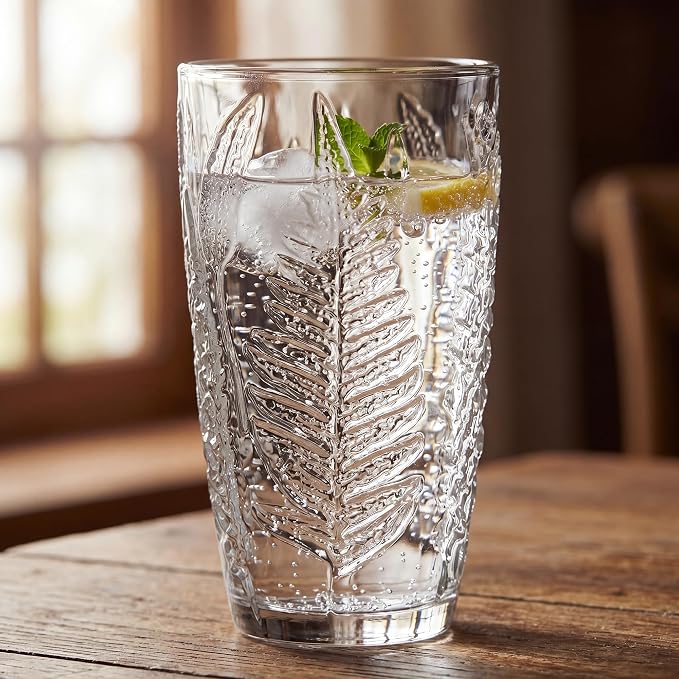 Clear Drinking Glasses Set of 4, 16 oz Glass Cups, Vintage Fern Glassware | - Image 7