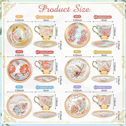 Teenyyou Set of 18 Tea Cups and Saucers Tea Party Decorations Floral Porcelain - Image 2