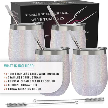 CHILLOUT LIFE 12 oz Stainless Steel Wine Tumblers 4 Pack - Double Wall Vacuum Insulated Wine Glasses Cups with Lids and Straws Set Keeping Cold & Hot for Coffee, Beer, Ice Cream - Holographic Glitter