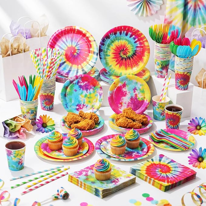 450 Pcs Tie Dye Party Tableware Set Decorations, Serves 50 | Rainbow Birthday - Image 6