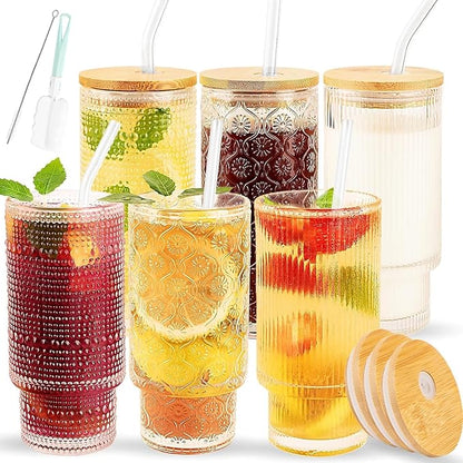 Glass Cups Set with Straw/Bamboo Lid, 12 oz Stackable Serving Drinking Glasses by SogYupk