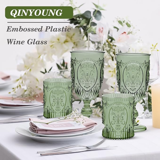 Qinyoung 24 Plastic Vintage Drinking Glasses 8.5oz Stemless Retro Embossed Wine - Image 6