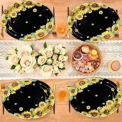 50Pcs Sunflower Bee Paper Oval Paper Plates 10" x 12" Large Disposable Heavy Duty Black Yellow Sunflower Bumble Bee Plates Dessert Platters for Spring Birthday Bridal Baby Shower Party Decorations