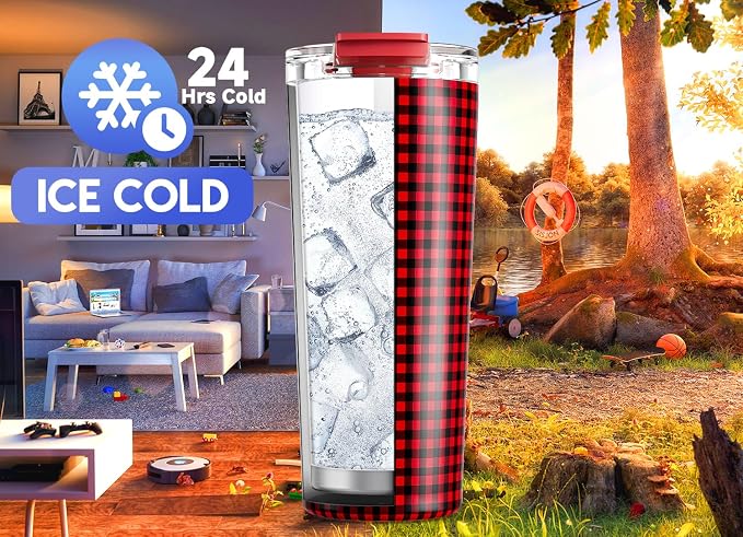 Meoky 24 oz Insulated Travel Coffee Mug: Leak Proof Lid, Crimson Plaid | - Image 4