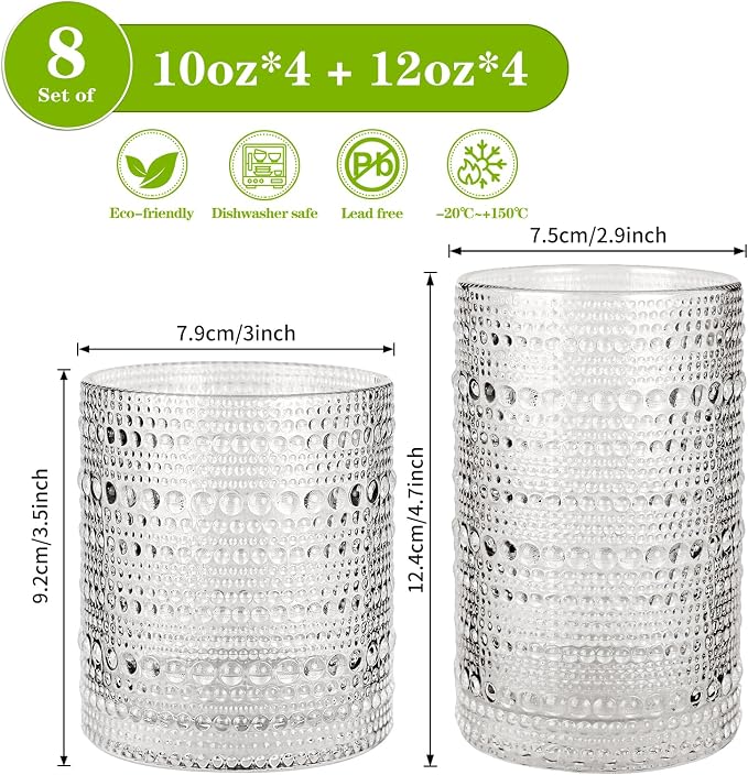 Hobnail Drinking Glasses Set of 8, 10 Oz Kitchen Water Glasses Cup & 12 Oz - Image 2