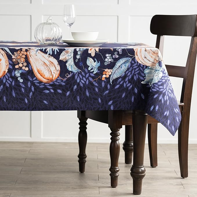 Maison d' Hermine Table Cloth Square Table 100% Cotton 54 x 54 Inches Fall Tablecloth Reusable Everyday Use for Thanksgiving Christmas Decorations Dining Farmhouse Party (Pumpkin Blues)