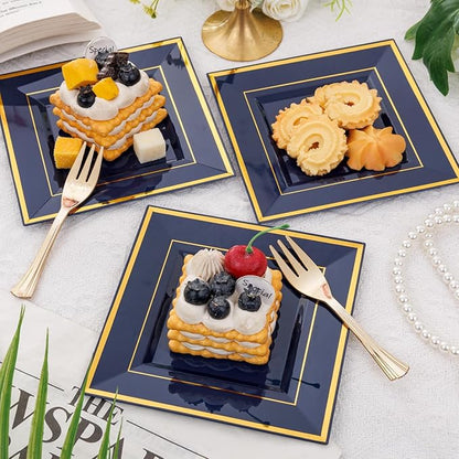 WDF 200PCS Blue Plastic Dessert Plates with Plastic Forks -6’’ 100 Square Disposable Appetizer Plates Small Cake Plates with Gold&100 Navy Blue Small Appetizer Forks for Party Wedding Birthday