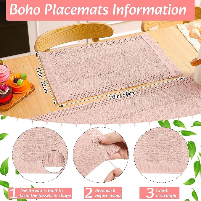 6 Sets Boho Decoration Placemats Round Woven Placemats, Cloth Napkins, Wood - Image 4