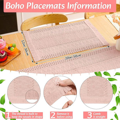 6 Sets Boho Decoration Placemats Round Woven Placemats, Cloth Napkins, Wood - Image 4