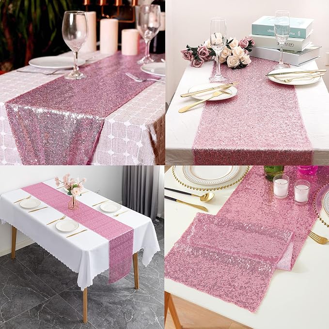 12 Packs 12 X 108 Inch Pink Sequin Table Runner Glitter Dining Table Runner - Image 5