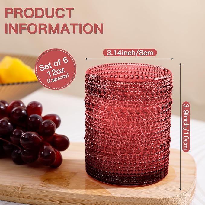 JOVGANK Red Vintage Hobnail Drinking Glasses Set of 6, Embossed Water Tumbler - Image 4