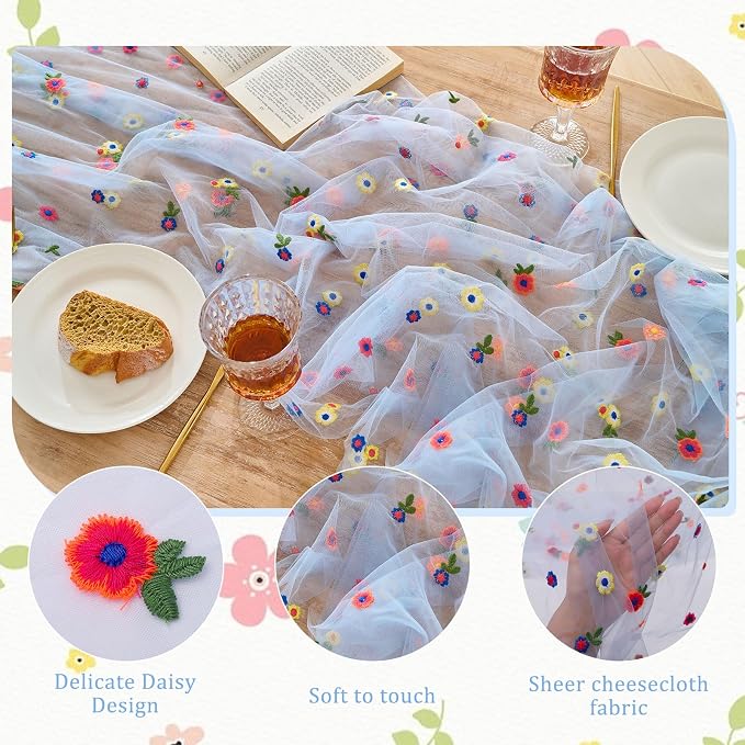 BINBE 3pcs Daisy Spring Table Runner Embroidery Gauze 10FT Florals Seasonal - Image 3