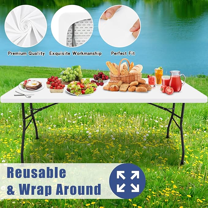 Spandex 8 Foot Rectangle Table Cloth 2 Pack, Elastic Fitted Tablecloths for Picnic, Stretch Washable Patio Table Cover for Outdoor, Camping, Banquet and Parties (White, 30"x96")