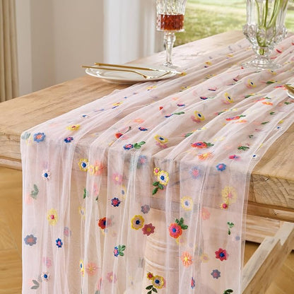 BINBE 12pcs Daisy Spring Table Runner Embroidery Gauze 10FT Florals Seasonal by BINBE