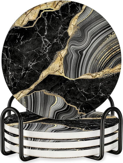 Luxury Black & Gold Marble Ceramic Coasters - Set of 4 with Black Metal Holder - Premium Round Drink Coasters for Coffee, Tea, Whiskey, Wine - Stylish Home & Kitchen Decor