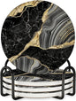 Luxury Black & Gold Marble Ceramic Coasters - Set of 4 with Black Metal Holder - Premium Round Drink Coasters for Coffee, Tea, Whiskey, Wine - Stylish Home & Kitchen Decor