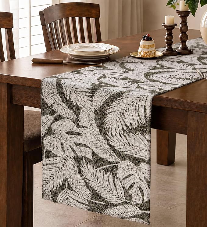 13"x 72" Jacquard Woven Chenille Table Runner, Feather | Exquisite Jacquard by MuseHaus