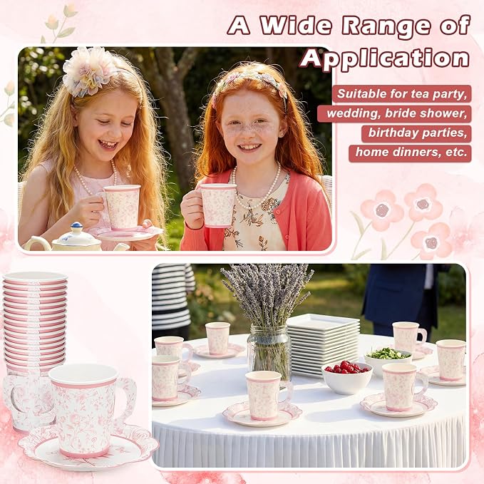 FillTouch 100 Sets Pink Floral Paper Tea Cups and Saucers Disposable Paper Tea - Image 5