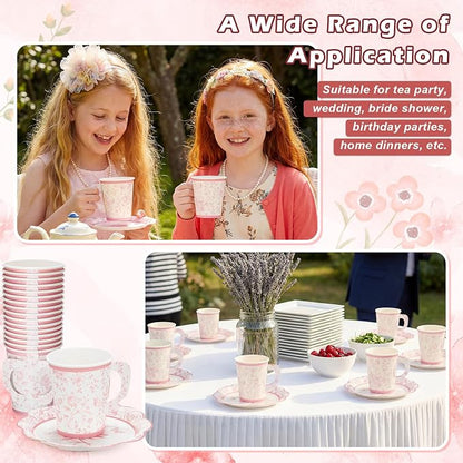 FillTouch 48 Sets Pink Floral Paper Tea Cups and Saucers Disposable Paper Tea - Image 7