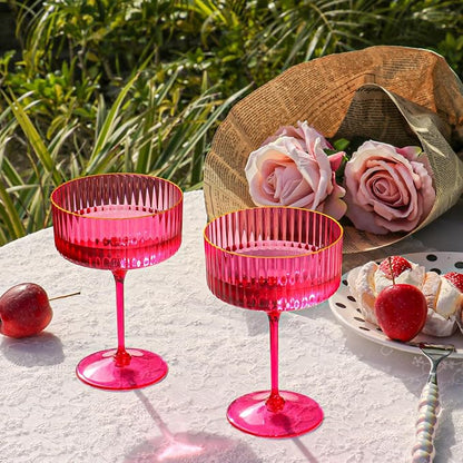 24 PCS Ribbed Coupe Glasses Hot Pink Plastic Champagne Coupe Cup 10oz Detachable Gold Rim Espresso Martini Glass Vintage Margarita Glassware Cocktail Glass Set for Valentine's Day Bachelorette Party