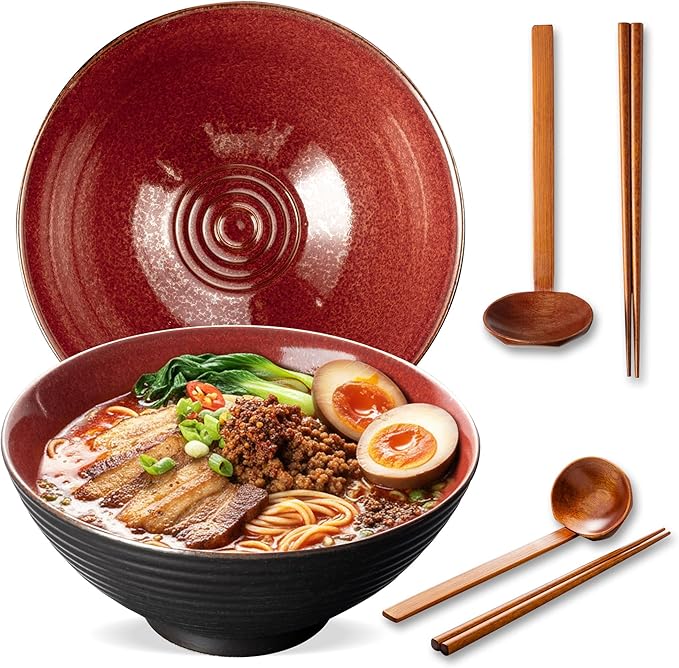 8 Inch Ceramic Ramen Bowl Set of 2, 40oz Japanese Bowls by ArtifexCeram