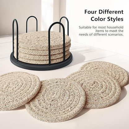 Coasters Set of 8 for Drinks, Beer, Coffee, Cotton Woven Absorbent Coaster with Holder, Boho Coasters for Home Decor Tabletop Protection Suitable for Kinds of Cups, Brown