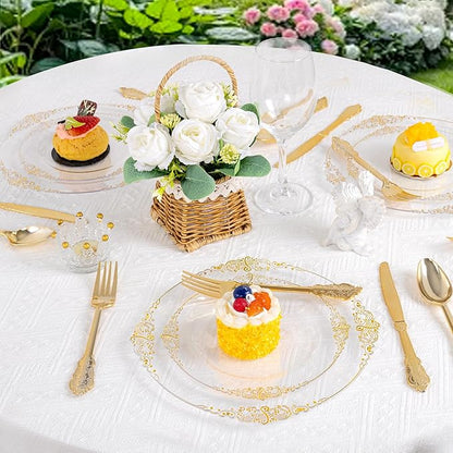 102PCS Clear Gold Plastic Plates - Clear Disposable Plates with Gold Rim - Clear Party Plate Include 51PCS Dessert Plates, 51PCS Dinner Plate for Weddings & Parties
