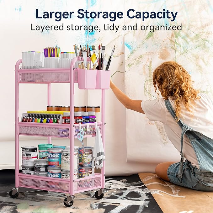 3 Tier Metal Rolling Cart, Art Workspace, Bedside Storage - Image 5