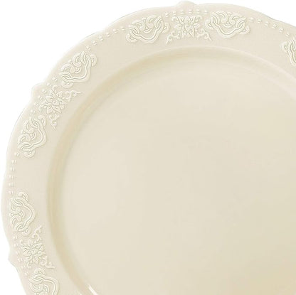 " OCCASIONS " 50 Plates Pack (25 Guests) Vintage Wedding Party Disposable Plastic Plate Set -25x10.25'' Dinner +25x7.5'' Salad/Dessert plates (Portofino Plain Ivory)