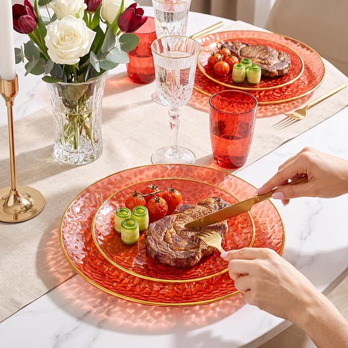Rubtlamp 60 Pcs Red Plasitc Plates, Fancy Party Plates, Hammered Plastic plates - Image 5