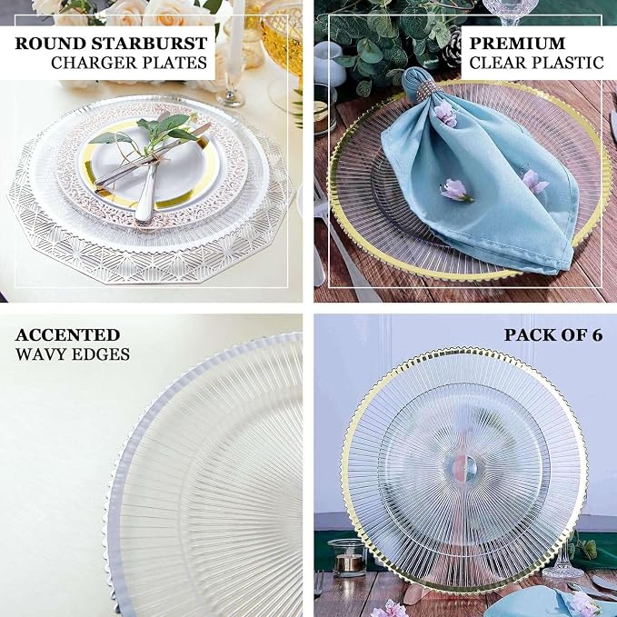 Efavormart 6 Pack | 13" Round Starburst Pattern Clear Plastic Charger Plates - Image 4