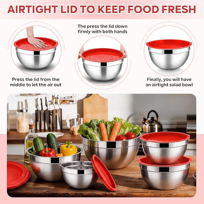 E-far Mixing Bowls With Lids Sets of 5, 10-Piece Stainless Steel Salad Metal - Image 6