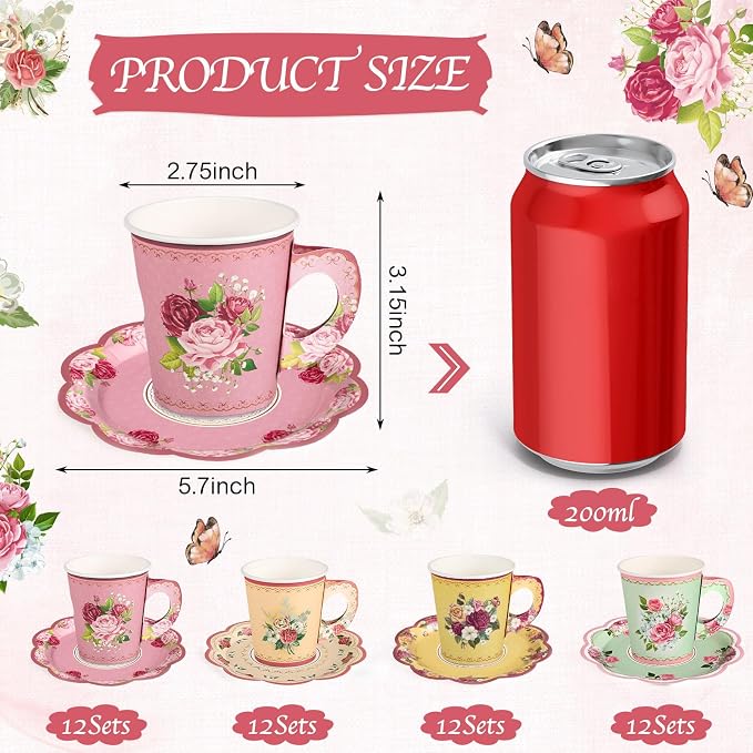24 Sets Vintage Floral Tea Party Cups 7 OZ Disposable Paper Cups - Image 2