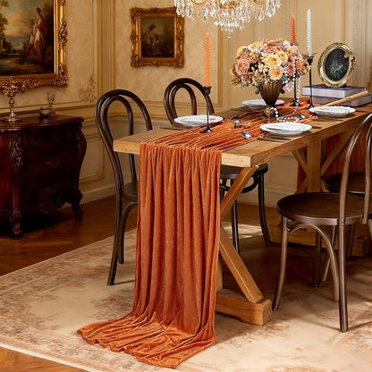 Orange Velvet Table Runner 29 x 120 Inches Fall Halloween Runners | 3 Pieces - Image 4