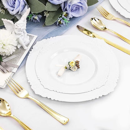 Morejoy 100PCS White Plastic Plates，White Disposable Plates，Include 50 Pieces 10.25 Inch Dinner Plates & 50Pieces 7.5 Inch Dessert Plates,Perfect for Weddings & Party