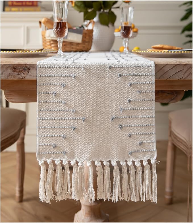 Boho Table Runner 13 x 72 Inch Long Natural Cotton Woven Runner by Caflife