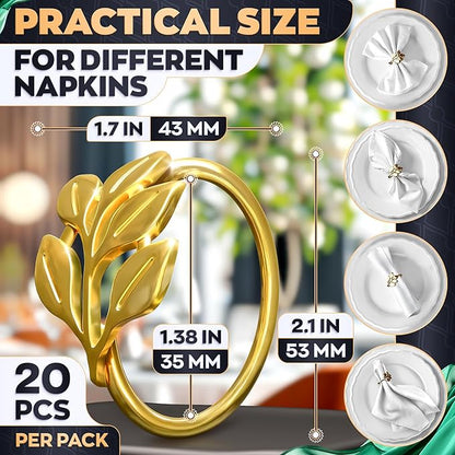 Gold Napkin Rings Set of 20 - Valentine Napkin Rings Fits Various Napkins Styles, Elegant Gold Leaf Design for Dinner Parties, Special Events, Holidays & Valentine Table Decor, as Gifts for Hosts