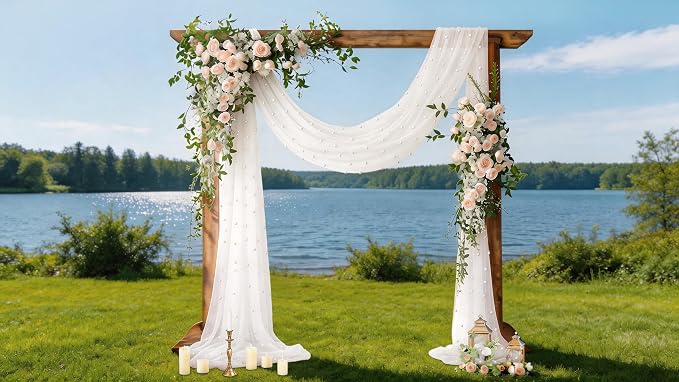 Pearl Table Runner Gauze Sheer 19FT Wedding Draping Fabric Decor | Ivory White - Image 2